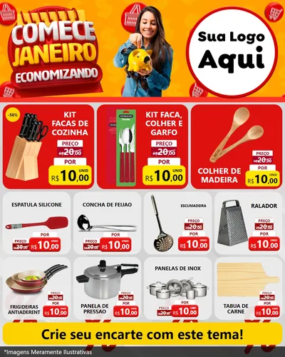 Modelo de Rede Social para Feed Instagram com o tema Comece Janeiro Economizando para Utilidades Domésticas