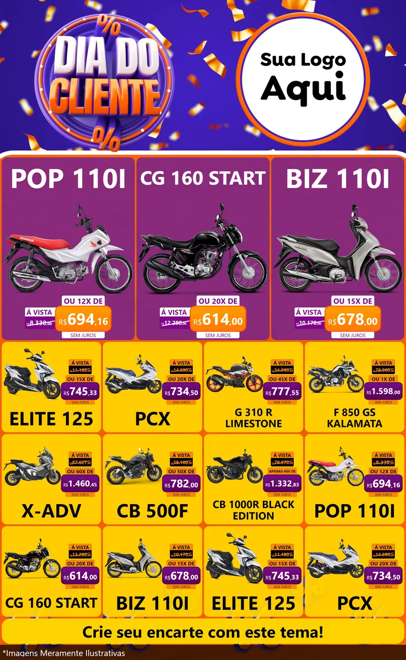 Modelo de Encarte para Encarte Grande com o tema Dia do Cliente para Concessionaria de Motos