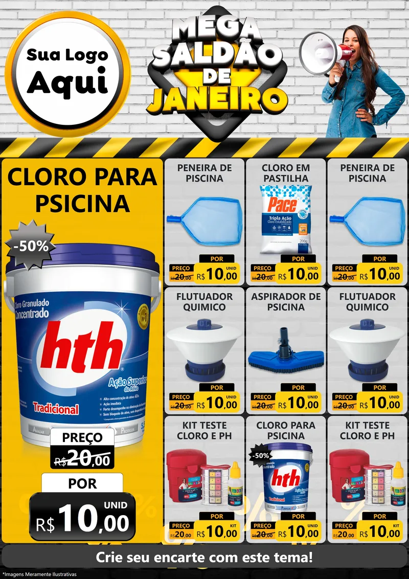Modelo de Encarte para Encarte A4 Vertical com o tema Mega Saldão de Janeiro para Produtos para Piscina