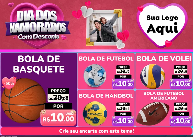 Modelo de Encarte para Encarte A4 Horizontal com o tema Dia Dos Namorados Com Desconto para Artigos Esportivos