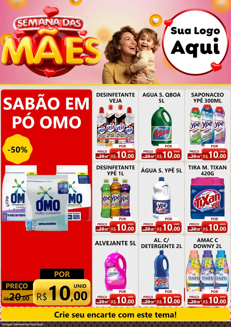 Modelo de Encarte para Encarte A4 Vertical com o tema Semana das Mães para Produtos de Limpeza