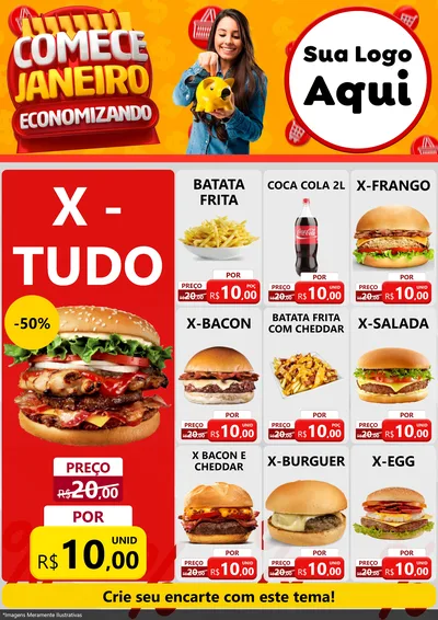 Modelo de Encarte para Encarte A4 Vertical com o tema Comece Janeiro Economizando para Hamburgueria