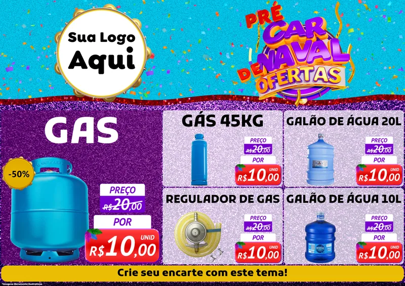 Modelo de Encarte para Encarte A4 Horizontal com o tema Pré Carnaval de Ofertas para Água e gás