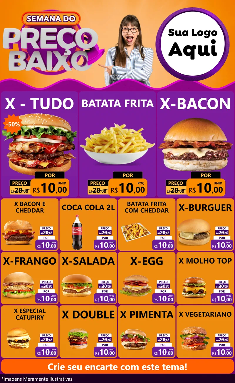 Modelo de Encarte para Encarte Grande com o tema Semana do Preço Baixo para Hamburgueria