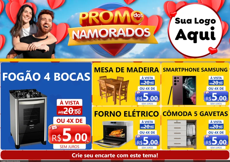 Modelo de Encarte para Encarte A4 Horizontal com o tema Promo dos Namorados para Móveis e Eletro