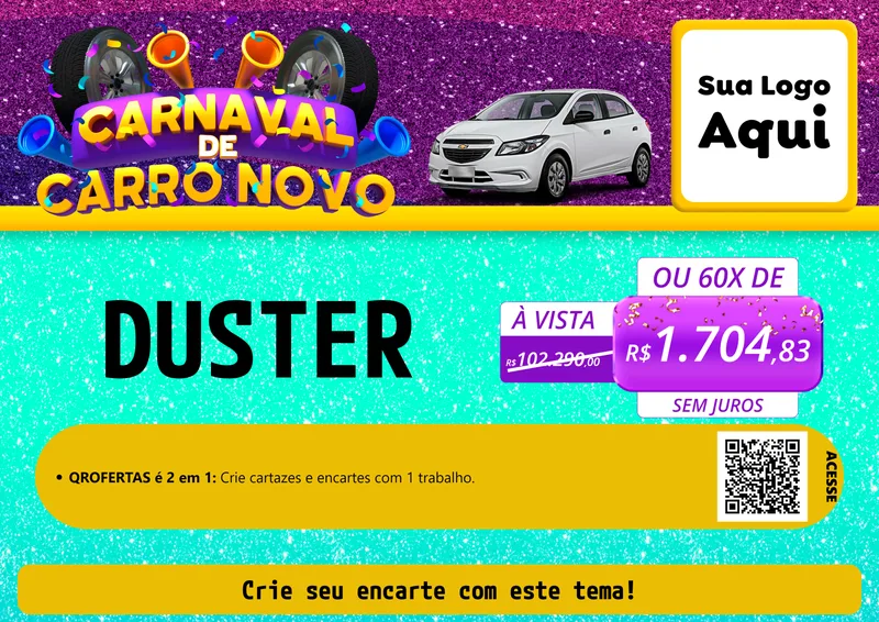 Modelo de Cartaz para Cartaz A4 Horizontal com o tema Carnaval de Carro Novo para Concessionaria de Carros