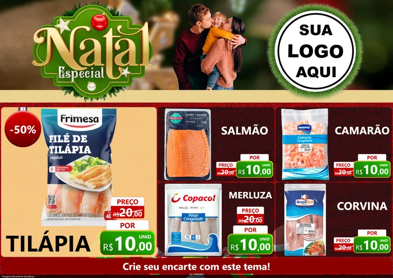 Modelo de Encarte para Encarte A4 Horizontal com o tema Natal Especial para Peixaria