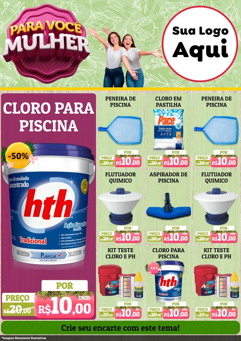 Modelo de Encarte para Encarte A4 Vertical com o tema Para Você Mulher para Produtos para Piscina