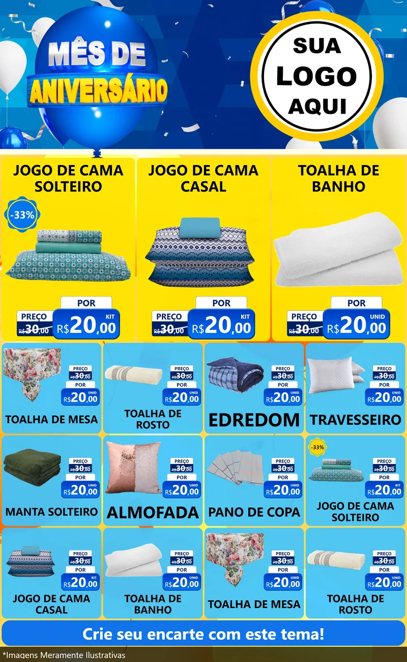 Modelo de Encarte para Encarte Grande com o tema Mês de Aniversário para Cama, Mesa e Banho