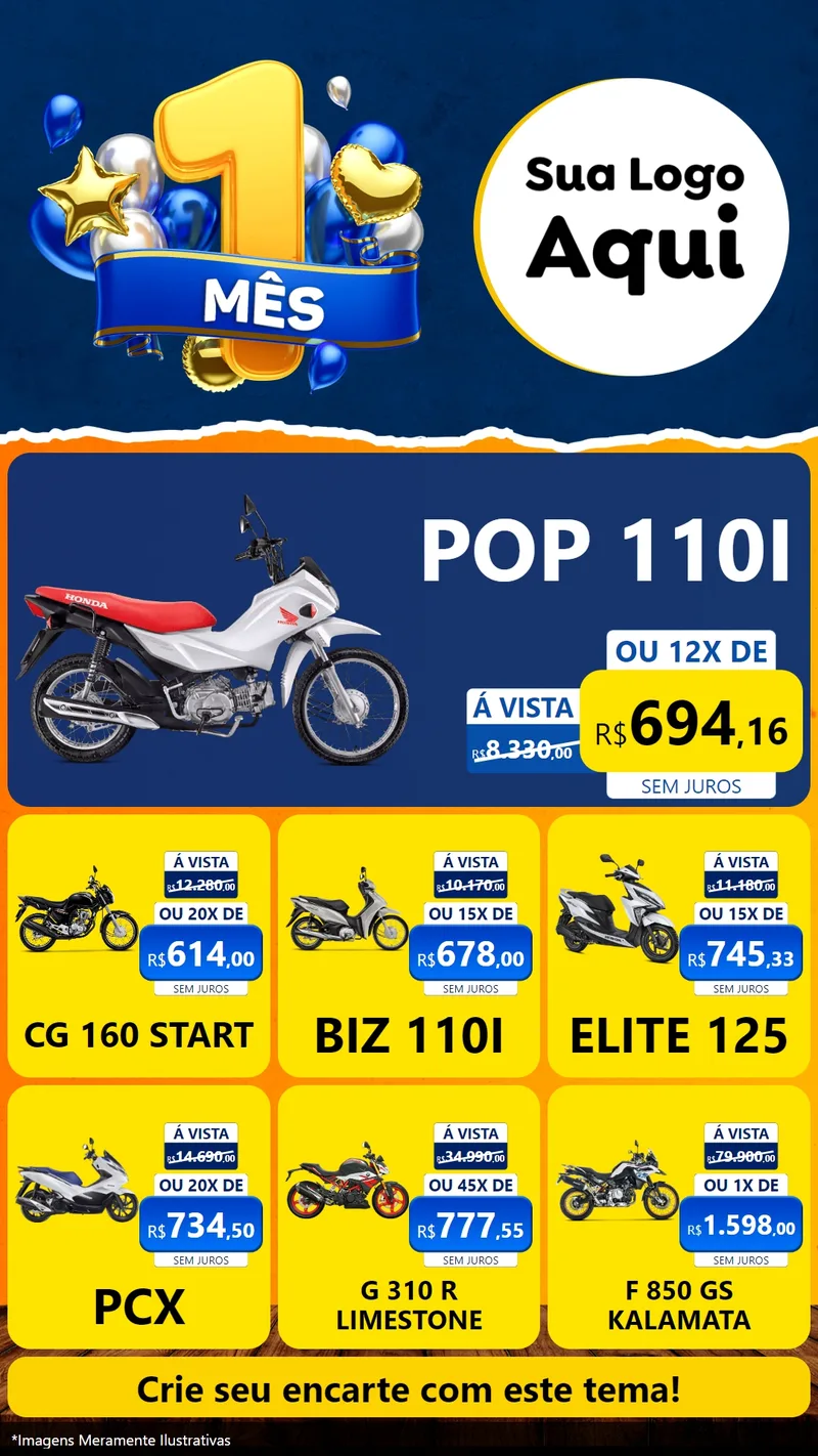 Modelo de Rede Social para Stories com o tema Um Mês de Aniversário para Concessionaria de Motos
