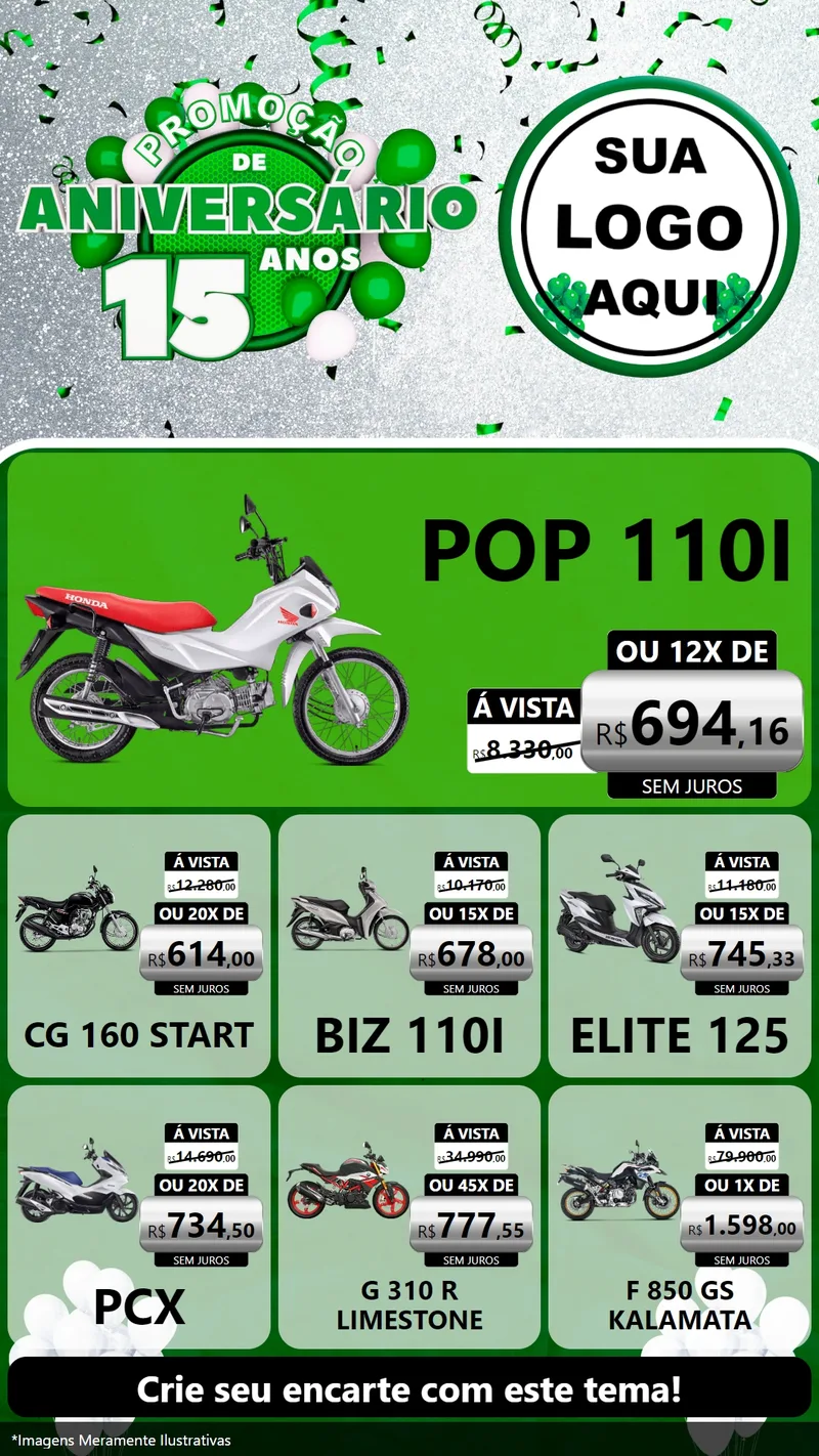 Modelo de Rede Social para Stories com o tema Promoção de Aniversário - 15 Anos para Concessionaria de Motos