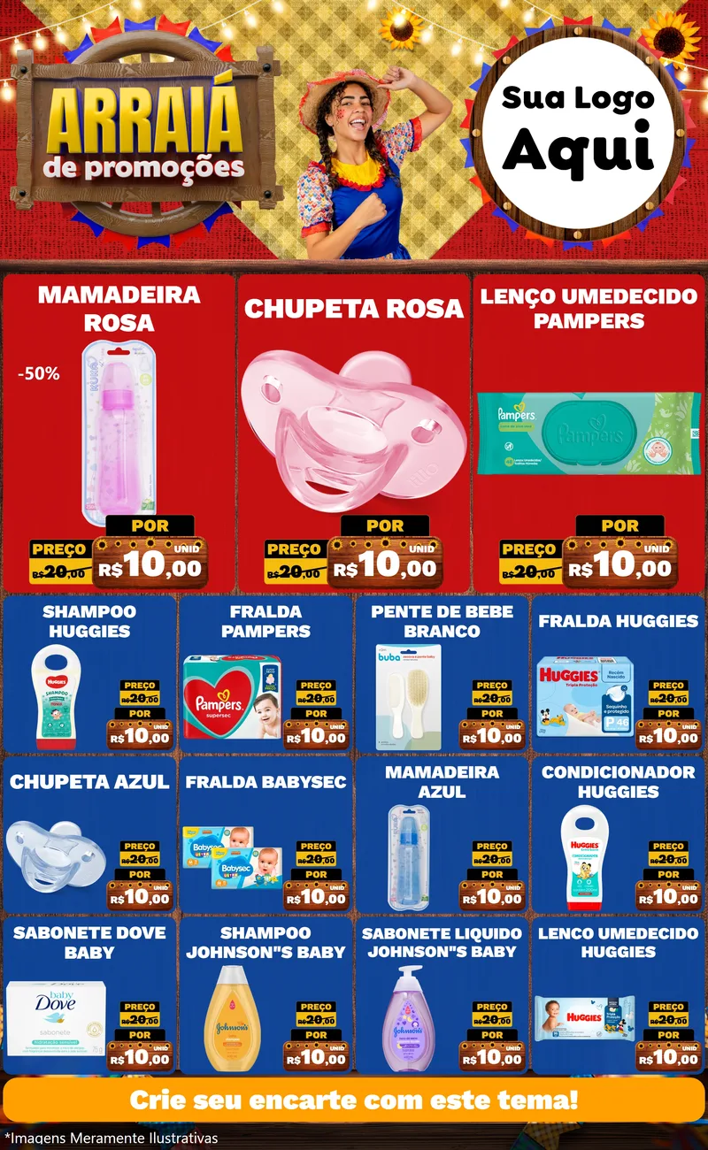 Modelo de Encarte para Encarte Grande com o tema Arraiá de Promoções para Bebês