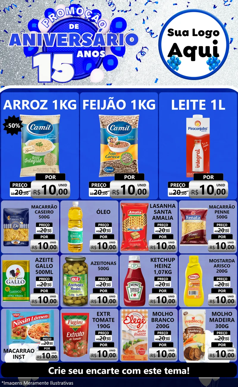 Modelo de Encarte para Encarte Grande com o tema Promoção de Aniversário - 15 Anos para Supermercado