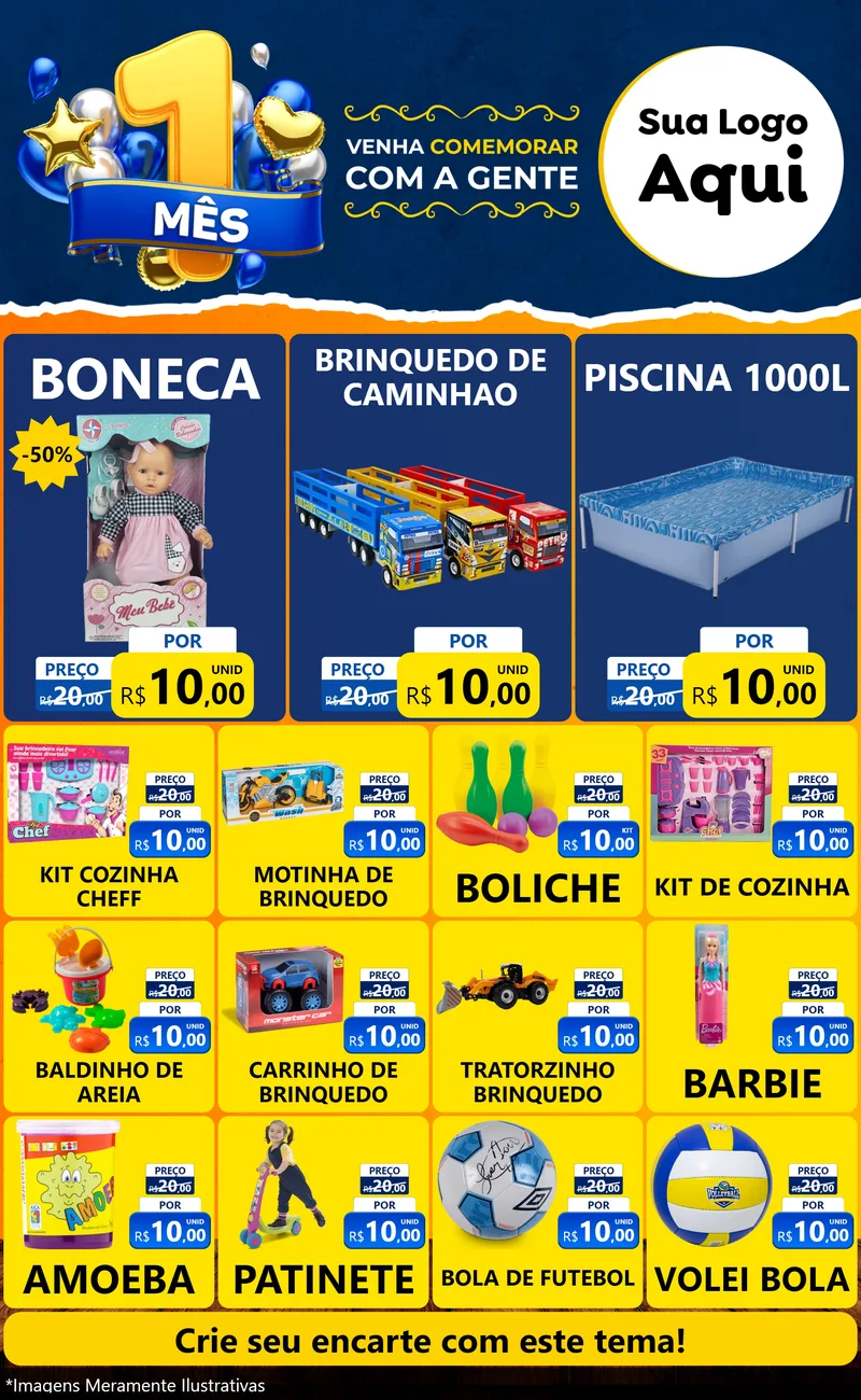 Modelo de Encarte para Encarte Grande com o tema Um Mês de Aniversário para Brinquedos