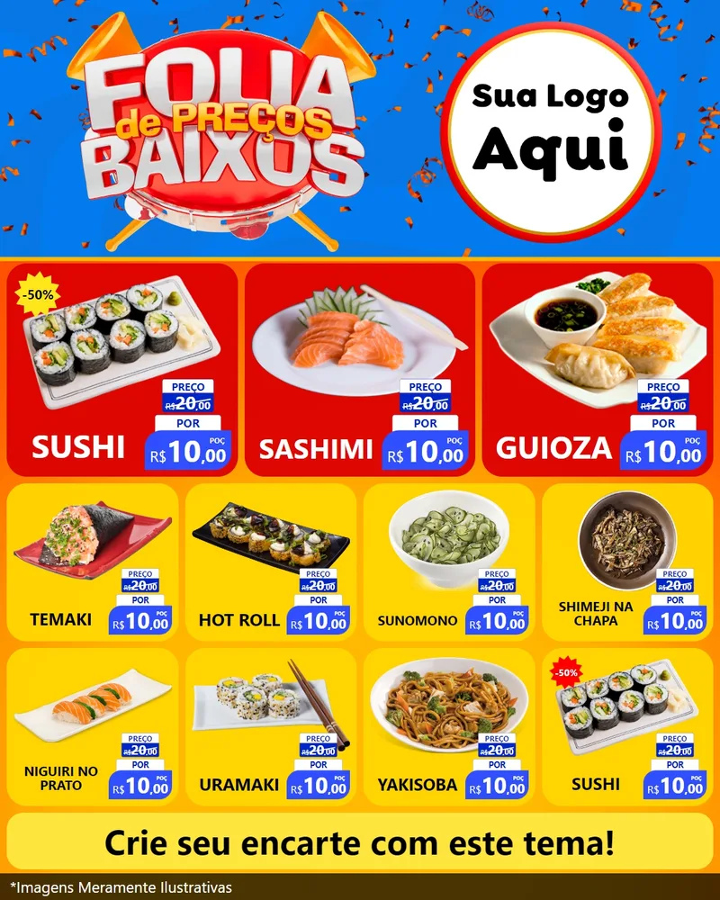 Modelo de Rede Social para Feed Instagram com o tema Folia de Preços Baixos para Comida japonesa