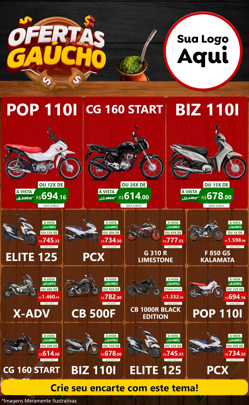 Modelo de Encarte para Encarte Grande com o tema Ofertas Dia do Gaúcho para Concessionaria de Motos