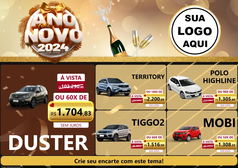 Modelo de Encarte para Encarte A4 Horizontal com o tema Feliz Ano Novo 2027 para Concessionaria de Carros