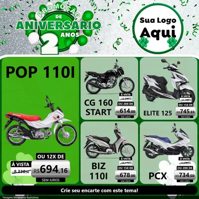 Modelo de Rede Social para Feed Facebook com o tema Promoção de Aniversário - 2 Anos para Concessionaria de Motos