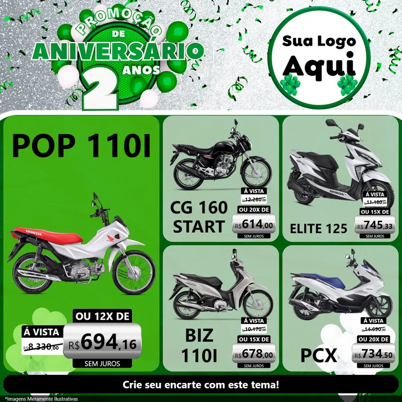 Modelo de Rede Social para Feed Facebook com o tema Promoção de Aniversário - 2 Anos para Concessionaria de Motos