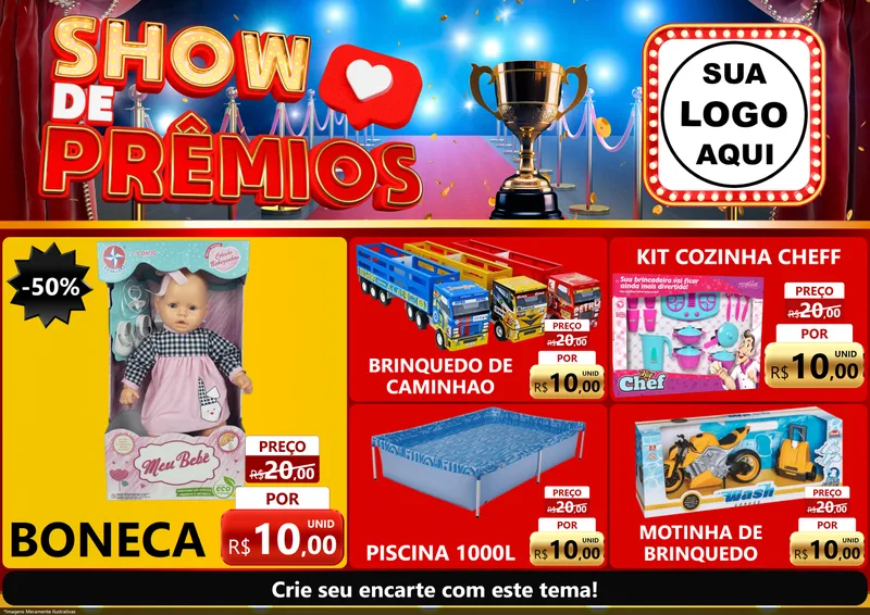 Modelo de Encarte para Encarte A4 Horizontal com o tema Show de Prêmios para Brinquedos