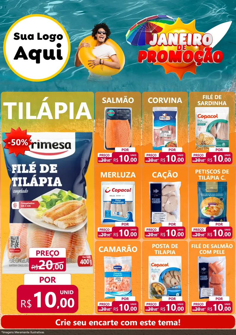 Modelo de Encarte para Encarte A4 Vertical com o tema Janeiro de Promoção para Peixaria