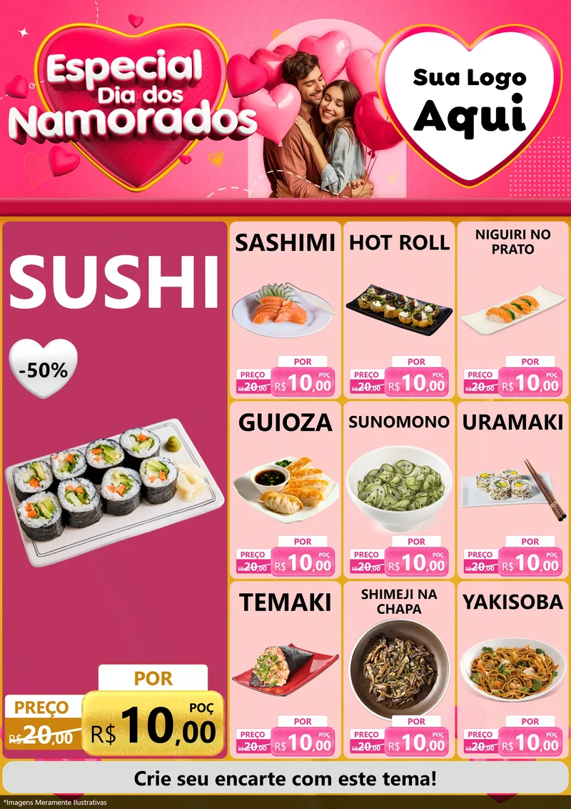Modelo de Encarte para Encarte A4 Vertical com o tema Especial Dia dos Namorados para Comida japonesa