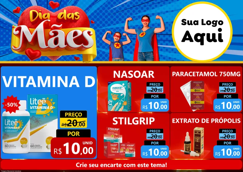 Modelo de Encarte para Encarte A4 Horizontal com o tema Dia das Mães para Farmácia