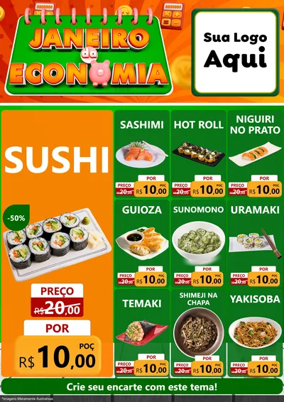 Modelo de Encarte para Encarte A4 Vertical com o tema Janeiro da Economia para Comida japonesa