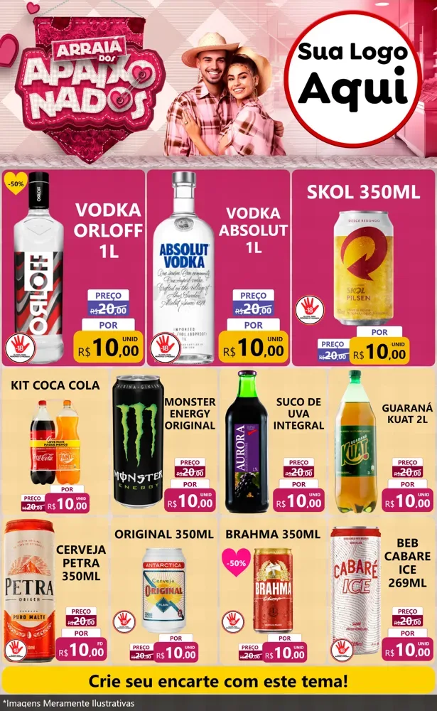 Modelo de Encarte para Encarte Grande com o tema Arraiá dos Apaixonados - Junina para Distribuidora de bebidas
