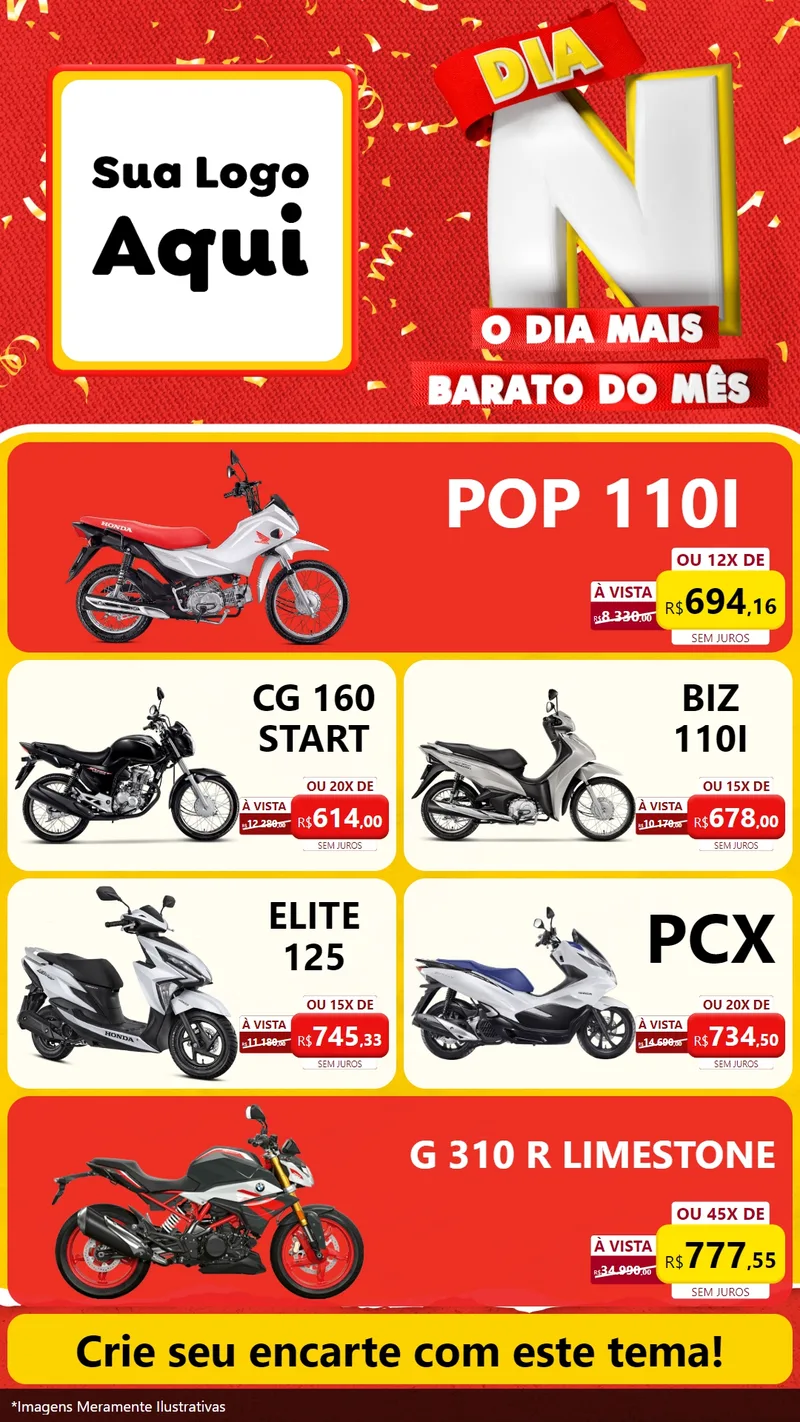 Modelo de TV para TV Vertical com o tema Dia N o Dia Mais Barato do Mês para Concessionaria de Motos