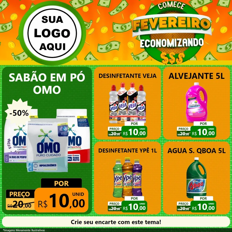Modelo de Rede Social para Feed Facebook com o tema Comece Fevereiro Economizando para Produtos de Limpeza