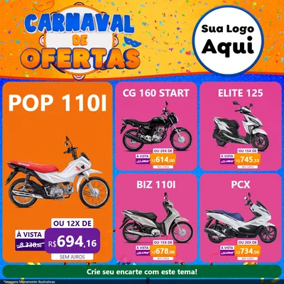 Modelo de Rede Social para Feed Facebook com o tema Carnaval de Ofertas para Concessionaria de Motos