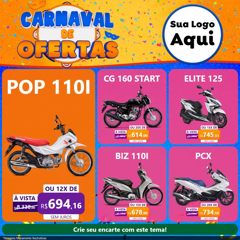 Modelo de Rede Social para Feed Facebook com o tema Carnaval de Ofertas para Concessionaria de Motos