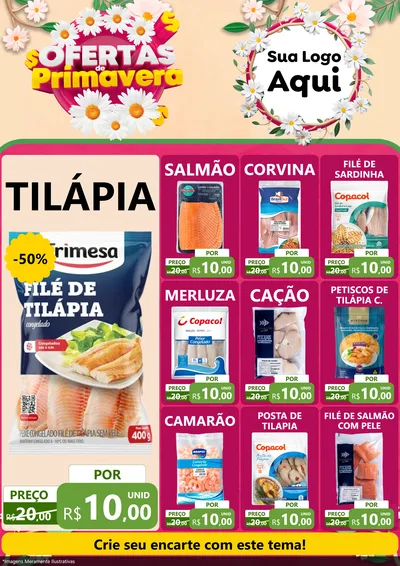 Modelo de Encarte para Encarte A4 Vertical com o tema Ofertas de Primavera para Peixaria