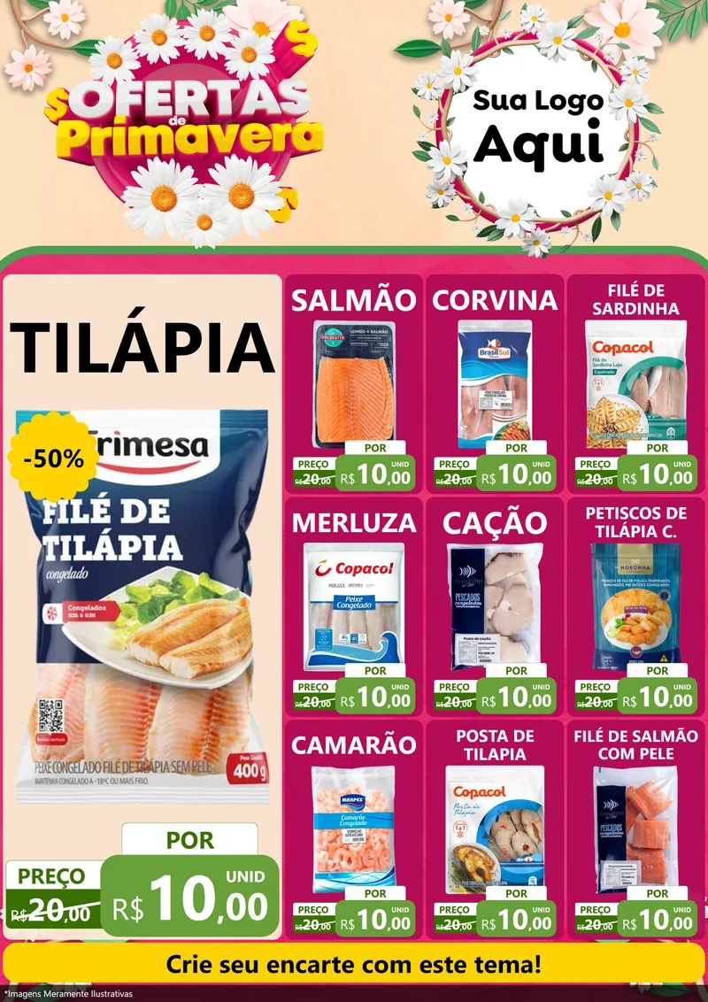 Modelo de Encarte para Encarte A4 Vertical com o tema Ofertas de Primavera para Peixaria