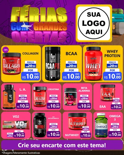 Modelo de Rede Social para Feed Instagram com o tema Férias com Grandes Ofertas para Suplementos alimentares