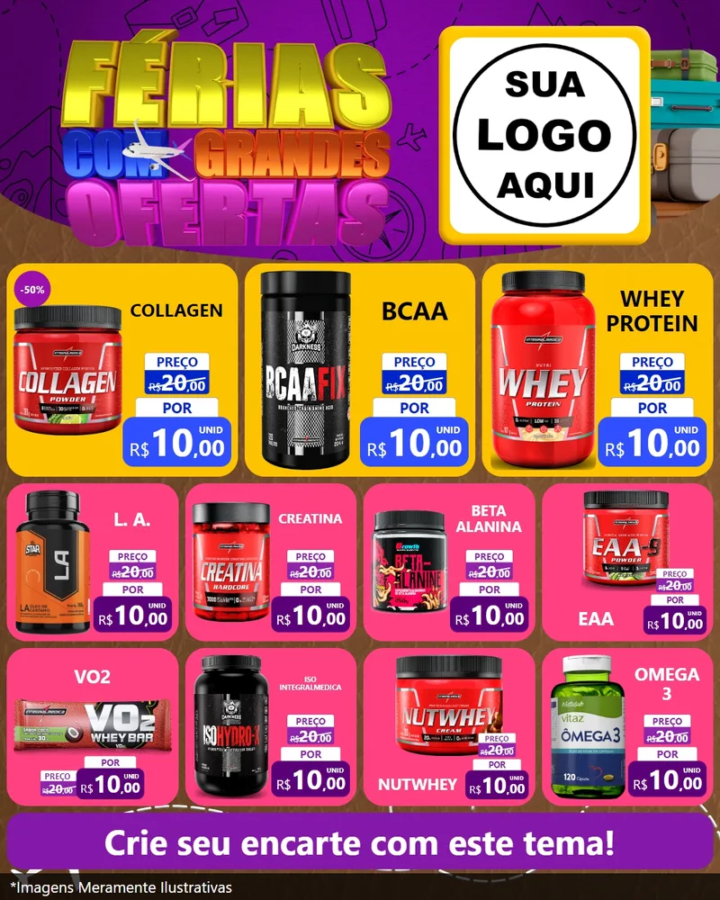Modelo de Rede Social para Feed Instagram com o tema Férias com Grandes Ofertas para Suplementos alimentares