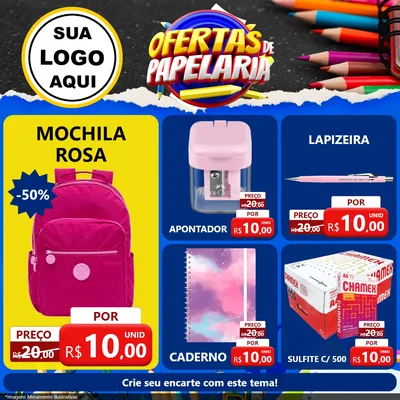 Modelo de Rede Social para Feed Facebook com o tema Ofertas de Papelaria para Papelaria