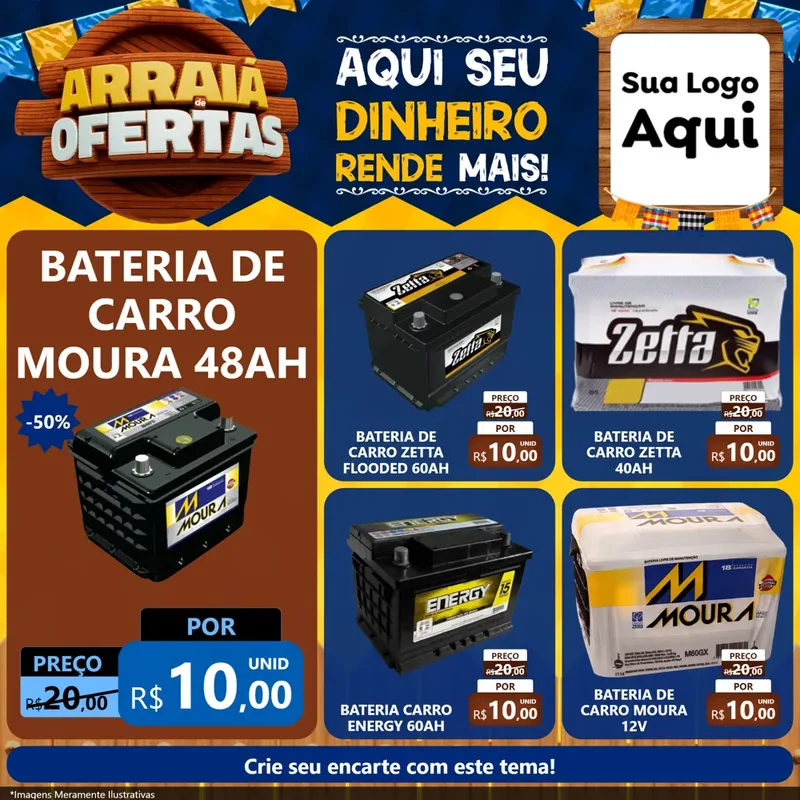 Modelo de Rede Social para Feed Facebook com o tema Arraiá de Ofertas - Junina para Baterias Elétricas