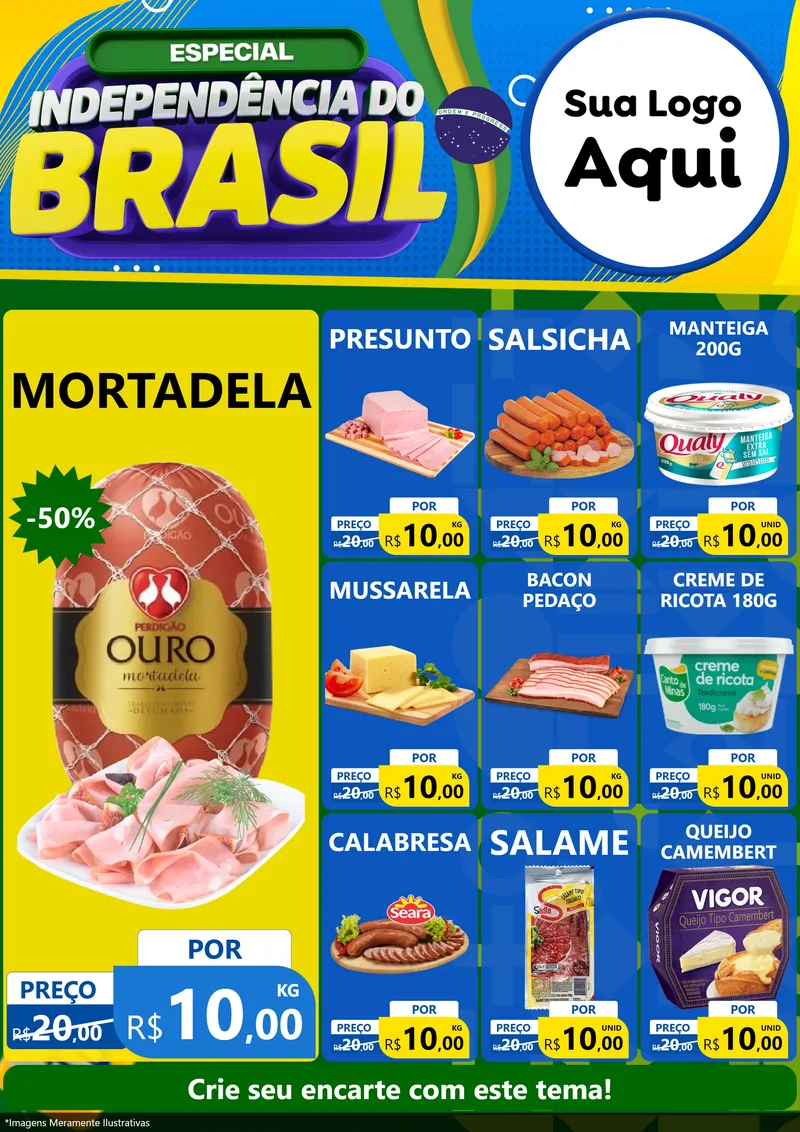 Modelo de Encarte para Encarte A4 Vertical com o tema Especial Independência do Brasil para Frios e Laticínios