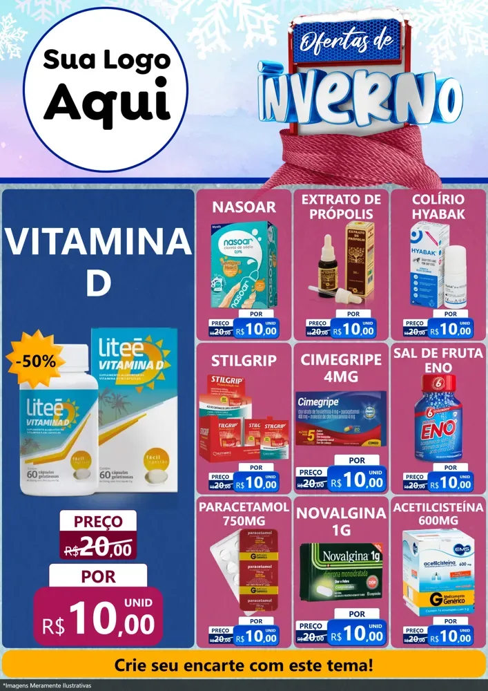 Modelo de Encarte para Encarte A4 Vertical com o tema Ofertas de Inverno para Farmácia