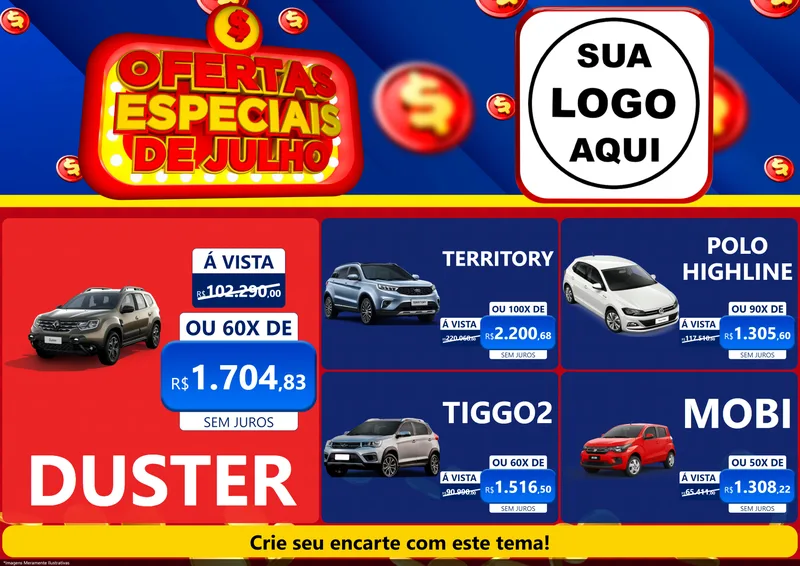 Modelo de Encarte para Encarte A4 Horizontal com o tema Ofertas Especiais de Julho para Concessionaria de Carros