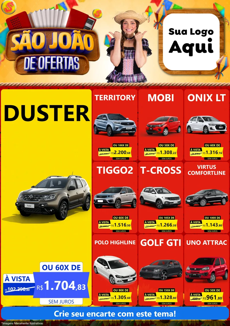 Modelo de Encarte para Encarte A4 Vertical com o tema São João de Ofertas para Concessionaria de Carros