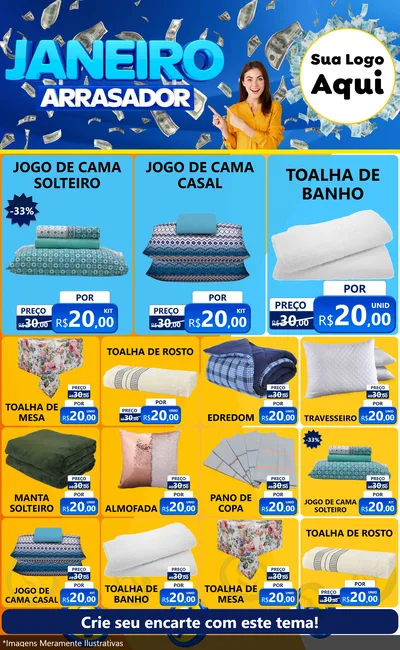 Modelo de Encarte para Encarte Grande com o tema Janeiro Arrasador para Cama, Mesa e Banho
