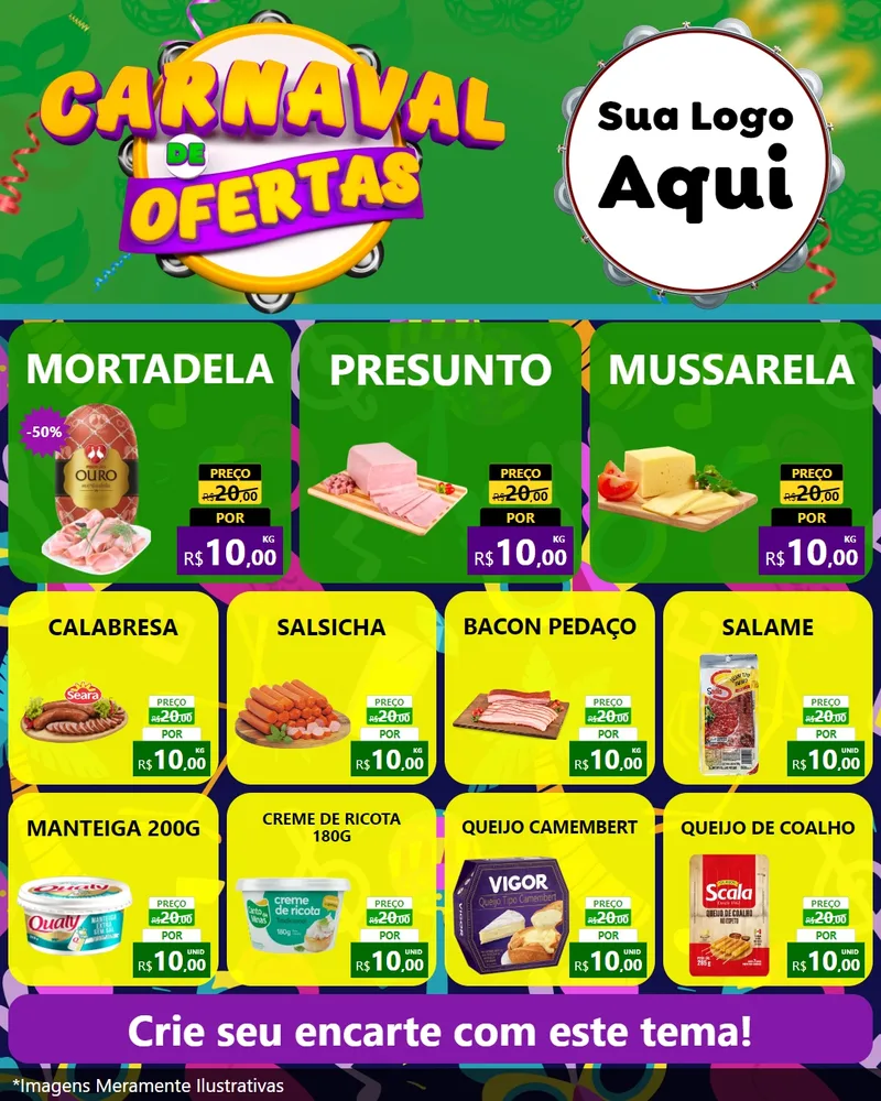 Modelo de Rede Social para Feed Instagram com o tema Carnaval de Ofertas para Frios e Laticínios