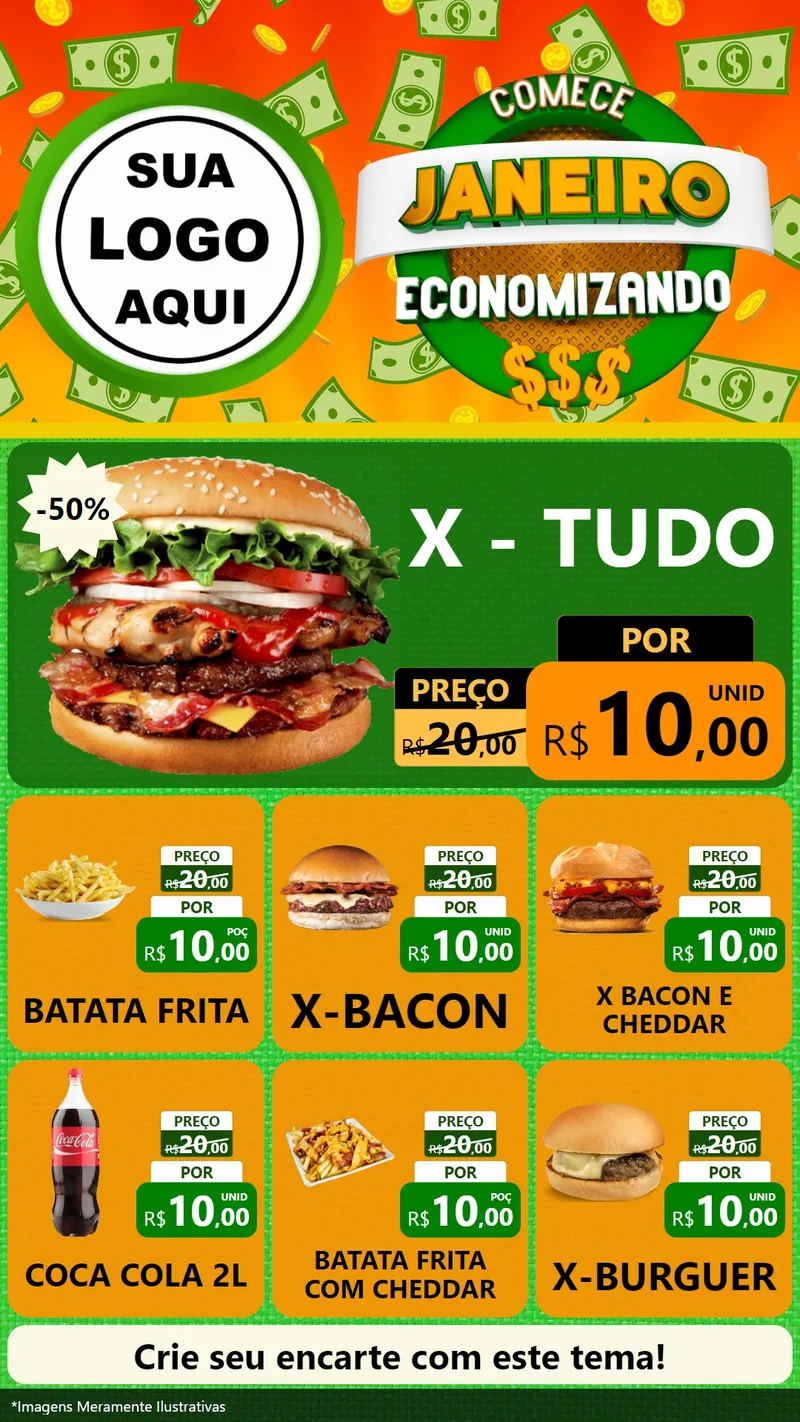 Modelo de Rede Social para Stories com o tema Comece Janeiro Economizando para Hamburgueria