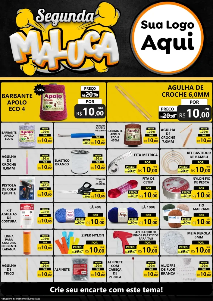 Modelo de Encarte para Encarte A4 Vertical com o tema Segunda Maluca para Armarinho e Aviamentos