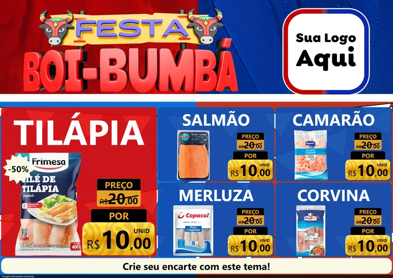 Modelo de Encarte para Encarte A4 Horizontal com o tema Festa Boi Bumbá para Peixaria