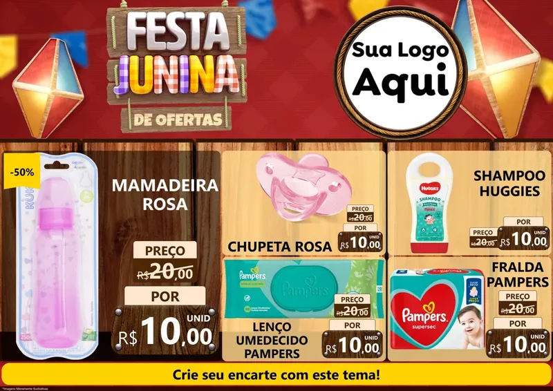 Modelo de Encarte para Encarte A4 Horizontal com o tema Festa Junina de Ofertas para Bebês