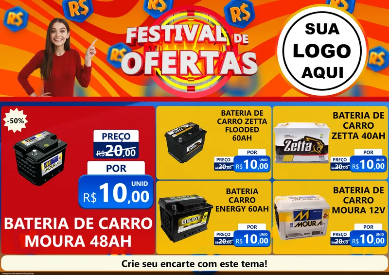 Modelo de Encarte para Encarte A4 Horizontal com o tema Festival de Ofertas para Baterias Elétricas